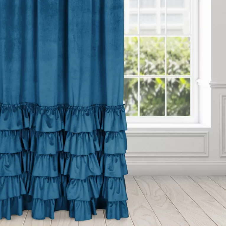 Zasłona welwetowa granatowa zdobiona falbanami 140x250 cm taśma - CHARLOTTE