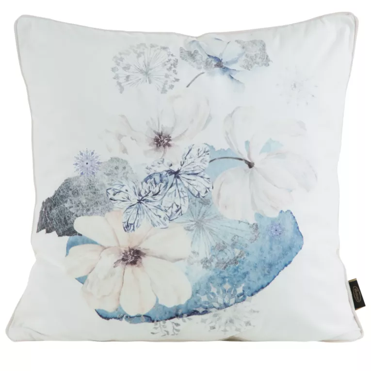 Poszewka na poduszkę 45x45 cm welwetowa, kremowo niebieska, dwustronna z motywem kwiatów VELVET 125 Eurofirany Premium