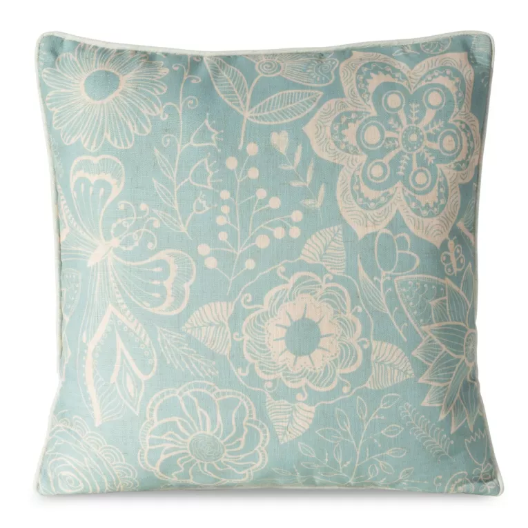 Poszewka na poduszkę 45x45 cm bawełniana, dwustronna łącząca welwet i len z przecieranym nadrukiem jasnoniebiesko, kremowa LEN