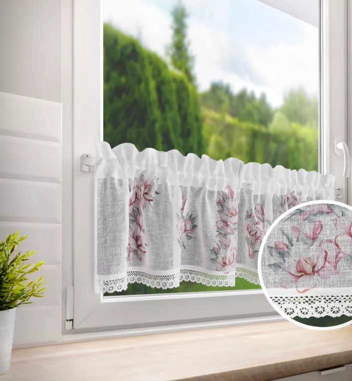 Zazdrostka biało, różowa z etaminy w stylu prowansalskim z koronką 150x30 cm tunel SUZY