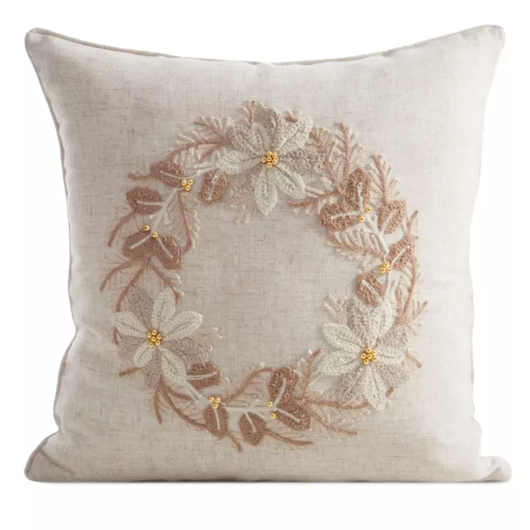 Poszewka na poduszkę świąteczna 45x45 cm o strukturze lnu beżowa zdobiona aplikacją