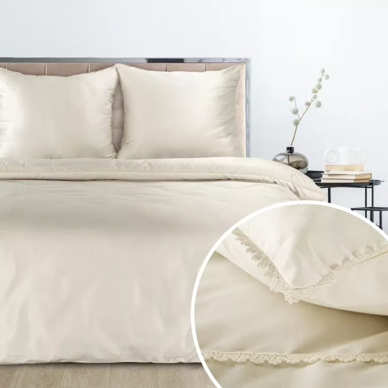 Pościel 160x200 cm komplet 3 częściowy z mieszanki włókien kolor kremowy zdobiona pasem koronki LINDA z kolekcji Nova Style