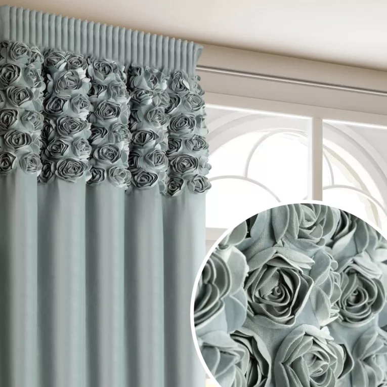 Zasłona miętowa z welwetu zdobiona aplikacją 3D róż 140x270 cm taśma - ROSES Eva Minge