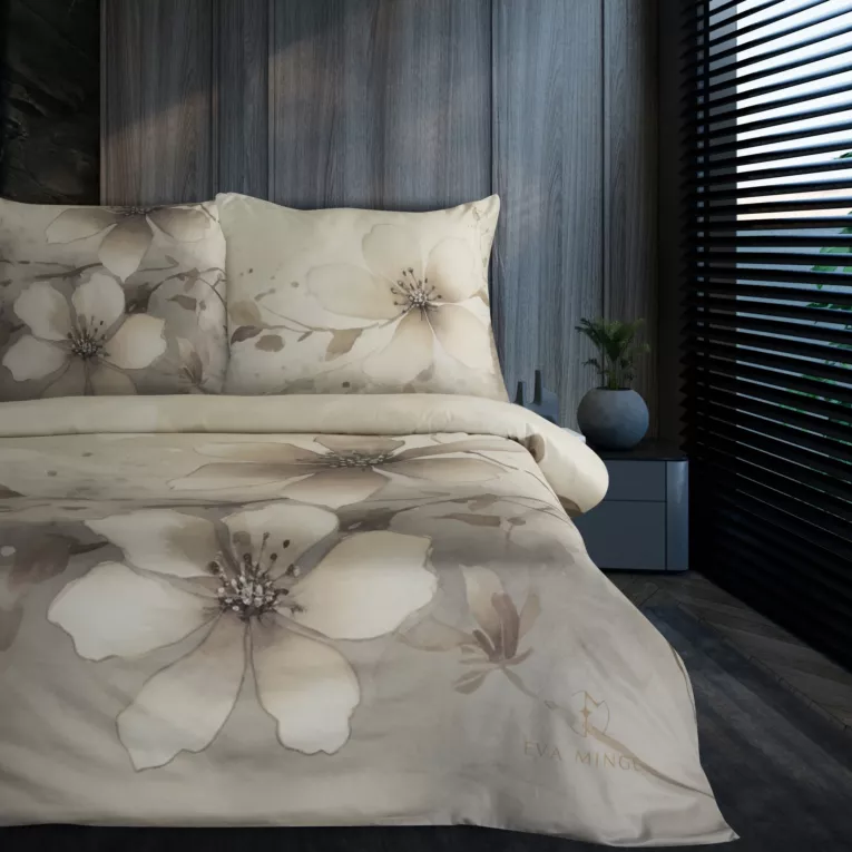 Pościel 160x200 cm z bawełny, makosatyny kolor beżowy, kremowy z roślinnym wzorem FLORIN Eva Minge