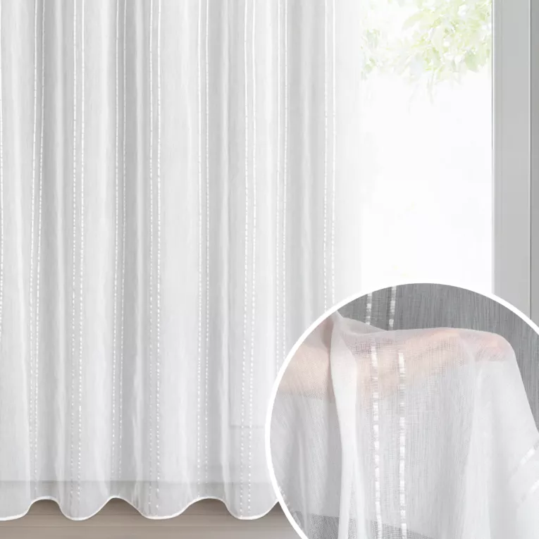 Firana biała  z etaminy zdobiona subtelnymi pionowymi pasami 140x280 cm taśma NASTIA
