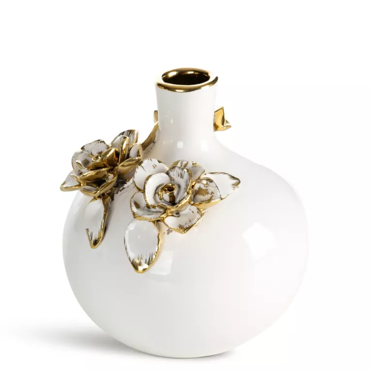 Wazon dekoracyjny biało, złoty zdobiony różami 3D 14x14x16 cm SARA