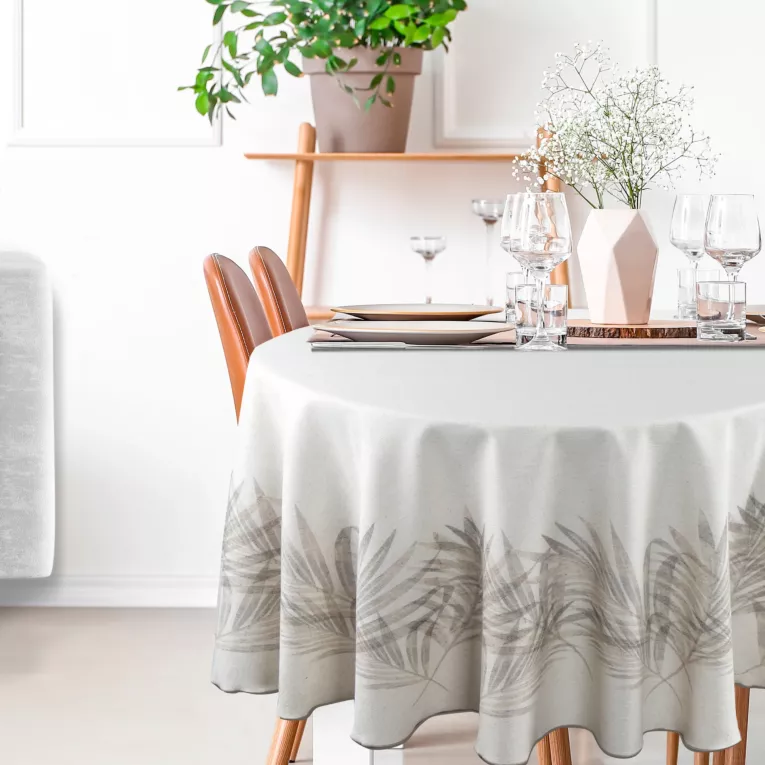 Obrus okrągły beżowo, kremowy średnica 150cm INES 11 z nadrukowanym motywem liści palmowych