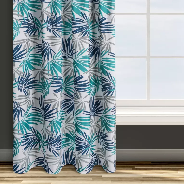 Zasłona biało, turkusowa we wzór liści 140x270 cm taśma - ELINA - Design 91