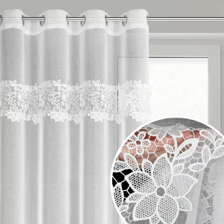 Firana biała z matowej etaminy zdobiona subtelną aplikacja w formie kwiatów 140x250 cm przelotka - ARTEMIDA