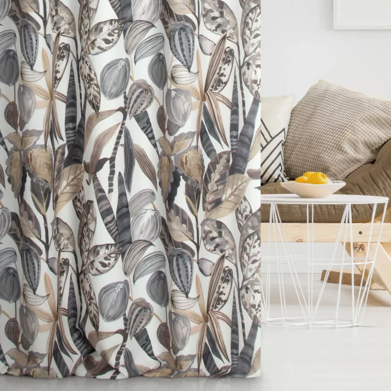 Zasłona szyta na taśmie 5 cm beżowo grafitowa z tkaniny o naturalnym splocie z nadrukowanym kwiatowym wzorem