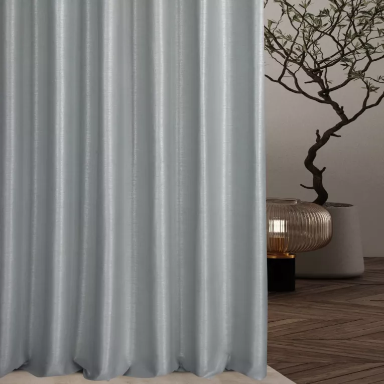 Zasłona szyta na taśmie 5 cm srebrna z tkaniny z mieszanką lnu i wiskozy, w stylu eko, z delikatnym połyskiem