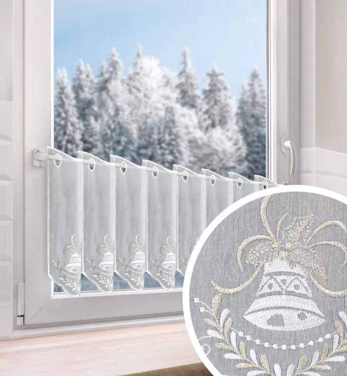 Tkanina firanowa zazdrostka z etaminy zdobiona świątecznym haftem dzwoneczków