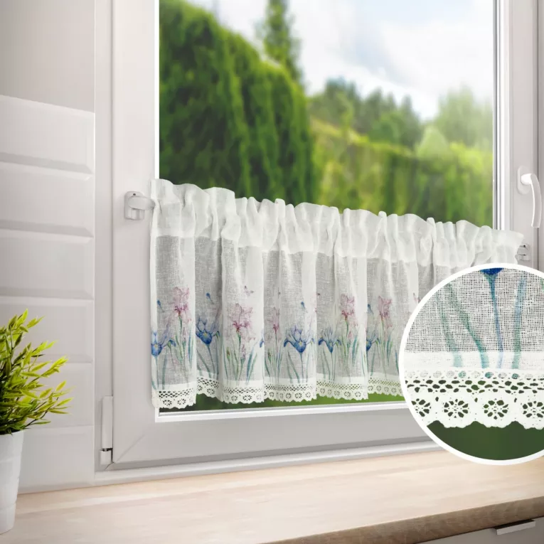 Zazdrostka biała z etaminy zdobiona nadrukiem kwiatów i koronką 150x30 cm tunel DOLOREZ