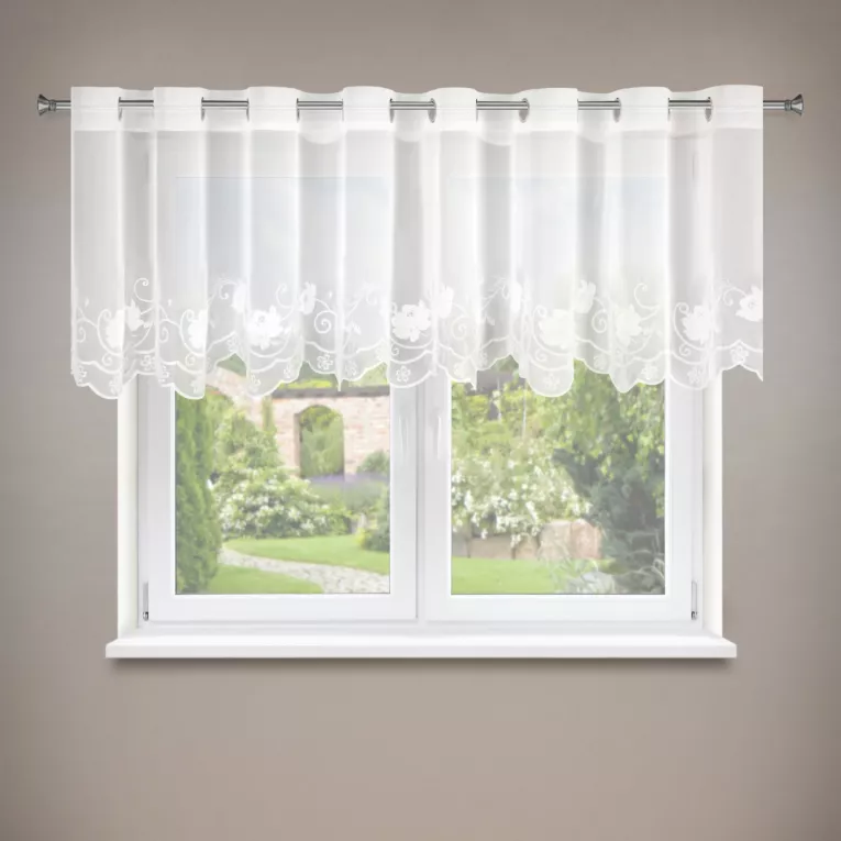 Firana biała z drobnej siateczki zdobiona subtelnym haftem 350x70 cm przelotki - LETI