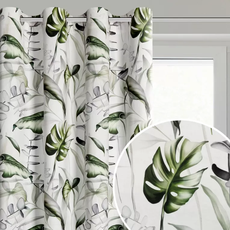 Zasłona biało, oliwkowa z motywem egzotycznych liści z welwetu 140x250 cm przelotka ELLEN