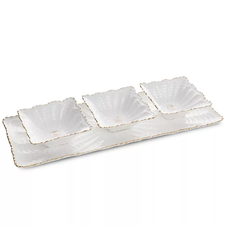 Komplet GAIA patera z trzema miseczkami zdobiona wypukłym wzorem i akcentami złota