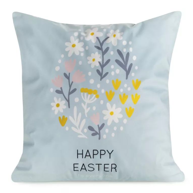 Poszewka na poduszkę 45x45 cm z weluru niebiesko żółta zdobiona nadrukiem drobnych kwiatuszków WIOSNA 11