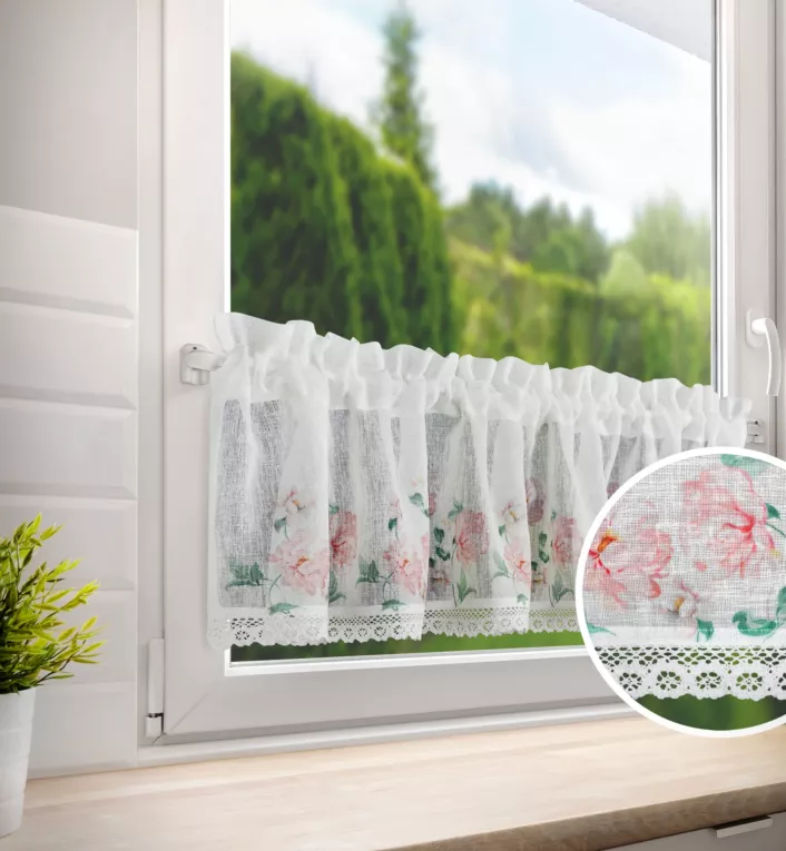 Zazdrostka biało, różowa z etaminy w stylu prowansalskim z koronką 150x30 cm tunel ASTEJA