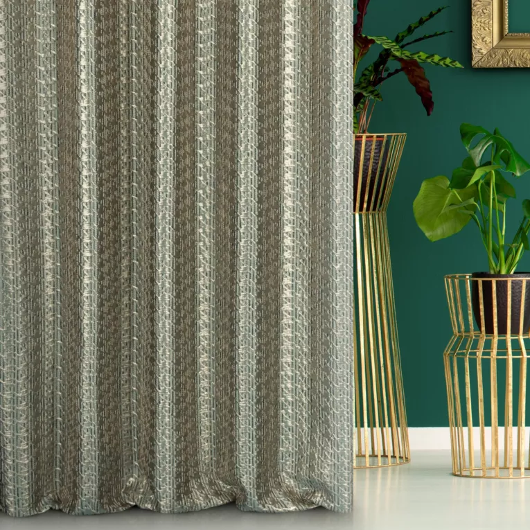 Zasłona szyta na taśmie 5 cm miętowo złota z eleganckiej tkaniny z efektem 3D i połyskującym wzorem w pepitkę Italissima Eva Minge