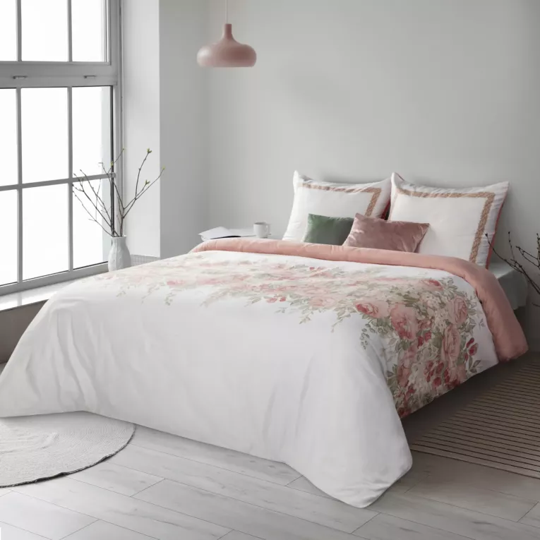 Pościel 220x200 cm bawełniana kolor biały, pudrowy róż styl romantyczny SPRING 25