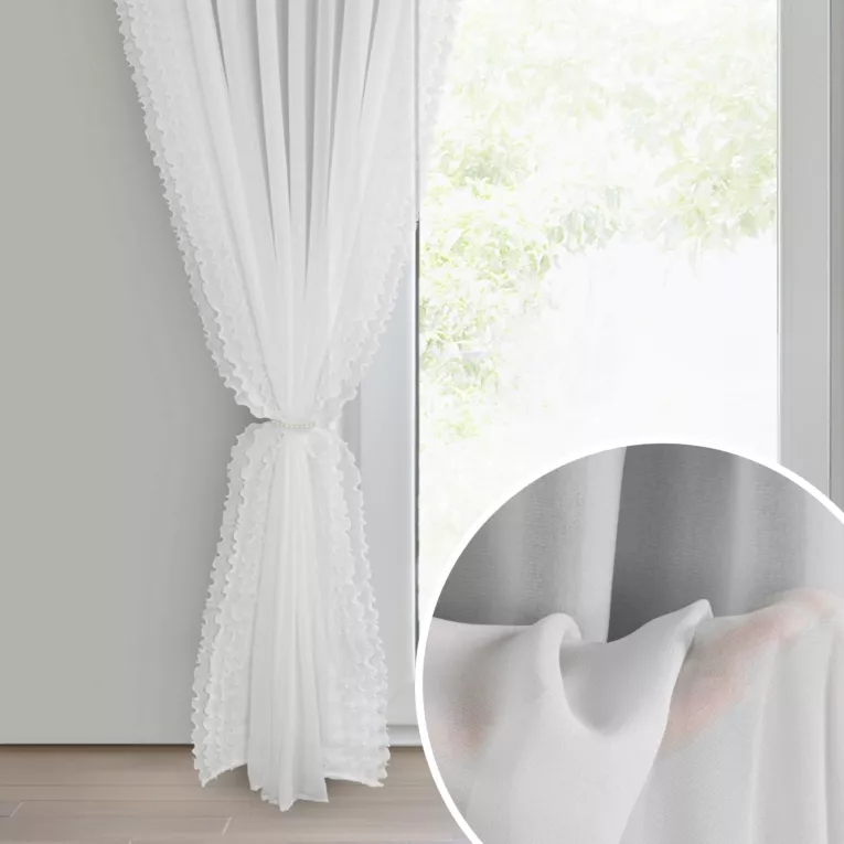 Firana biała z szyfonu zdobiona falbanami po bokach w zestawie ozdobny troczek 140x270 cm taśma LUISA