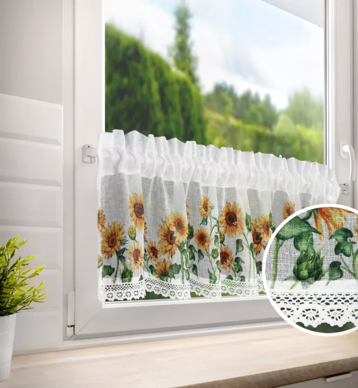 Zazdrostka biało, pomarańczowa z etaminy zdobiona kwiatowym nadrukiem i koronką 150x30 cm HELIA