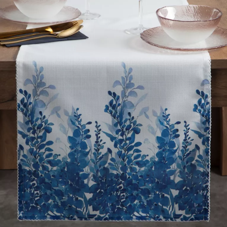 Bieżnik biało, niebieski 40x140 cm zdobiony na brzegach roślinnym wzorem - INES 14