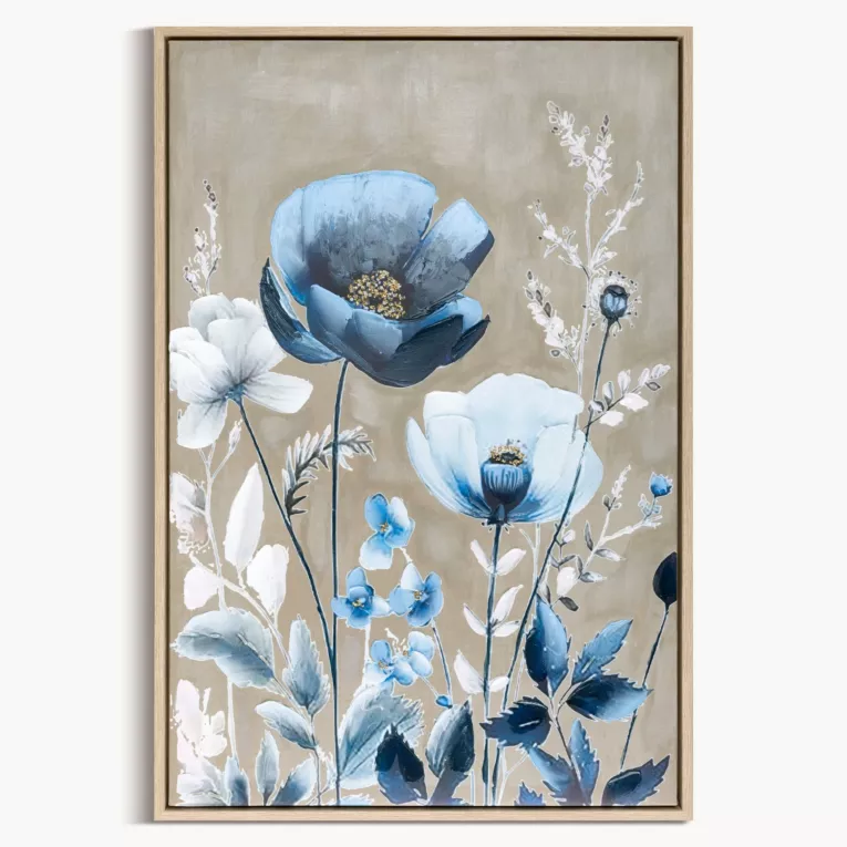 Obraz niebiesko, beżowy nadruk na płótnie w kwiaty 60x90 cm