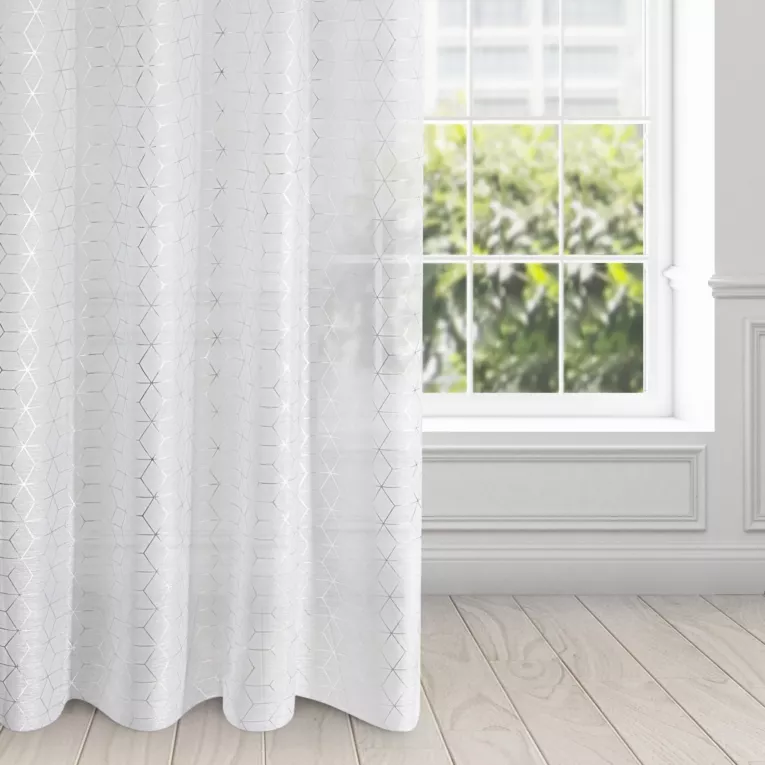 Dekoracja okienna biała zdobiona metalicznym nadrukiem z geometrycznym wzorem 140x250 cm przelotka - SEYLAN