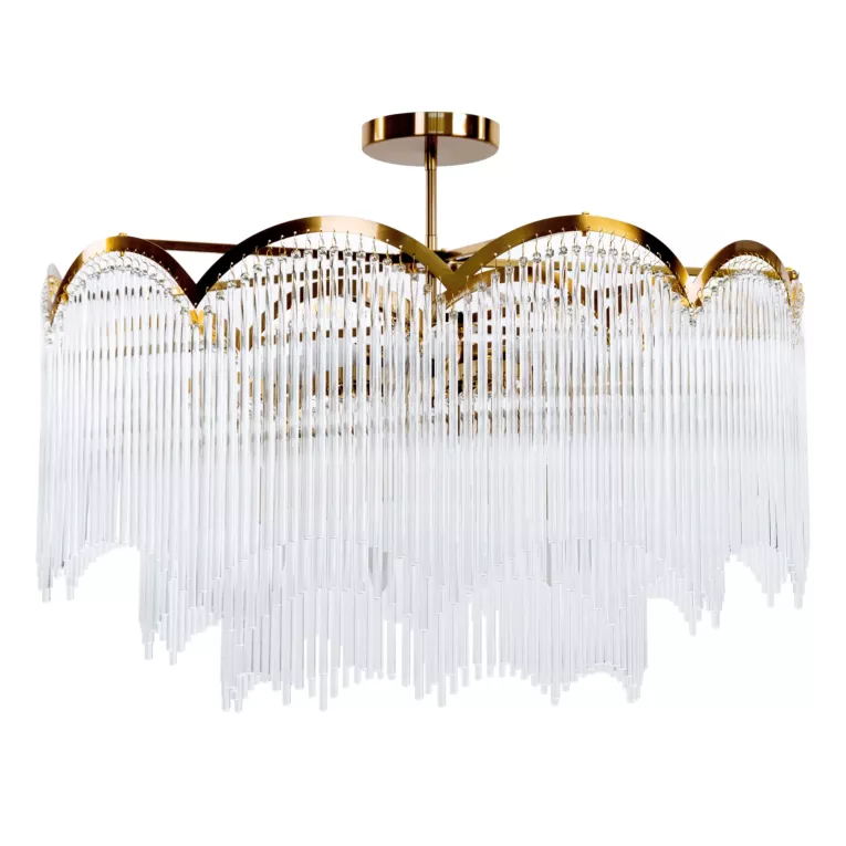 Lampa wisząca do salonu biało, złota SALMA zdobiona subtelnymi szklanymi sopelkami