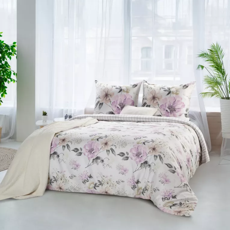 Pościel 140x200 cm bawełniana kolor biały, jasnofioletowy z wzorem kwiatowym styl romantyczny SPRING 31
