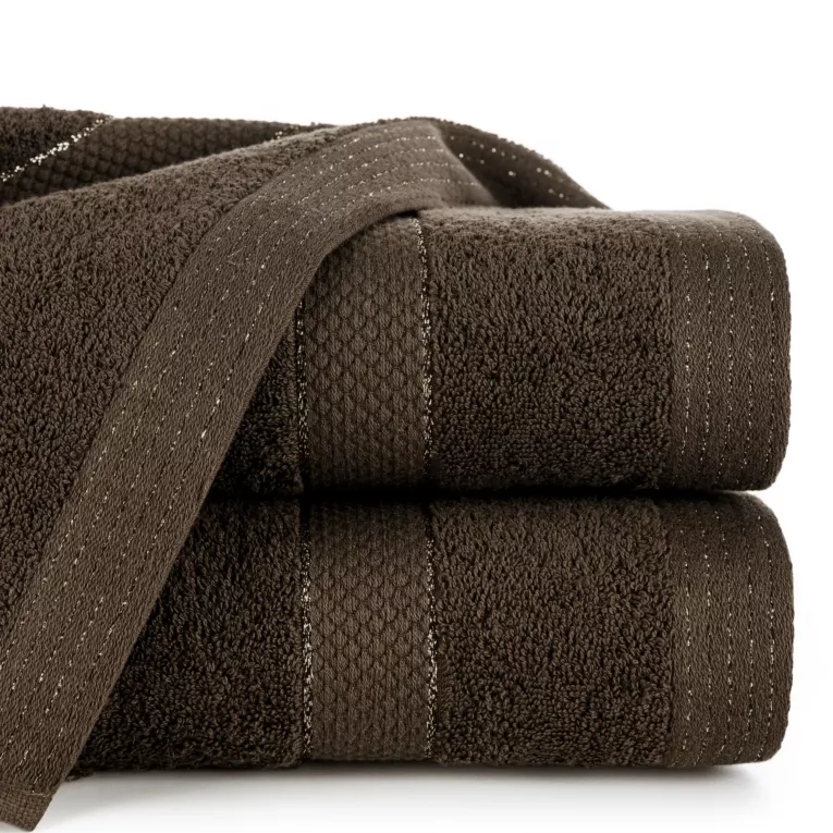 Ręcznik do rąk 30x50 cm bawełniany kolor ciemnobrązowy z bordiurą w paseczki 500 g/m2 BARI