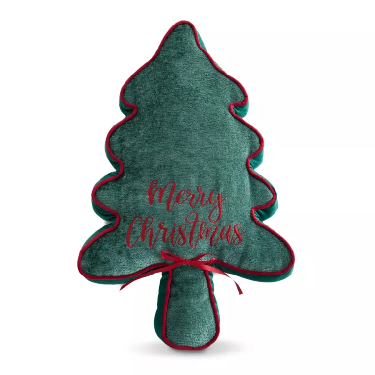 Poduszka świąteczna w kształcie choinki 45x70 cm zielono, czerwona  z szenilowo welwetowej tkaniny