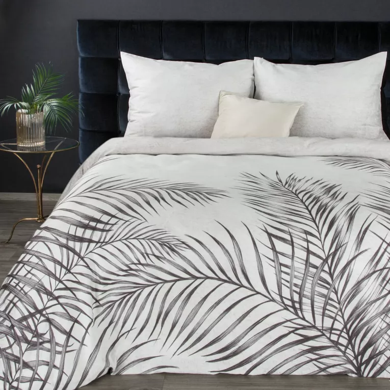 Pościel 160x200 cm bawełniana, makosatyna kolor biały, stalowy wzór liści palmowych Eurofirany Premium