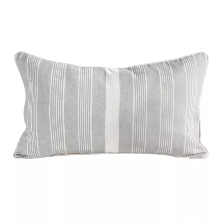 Poszewka na poduszkę 30x50 cm bawełniana z dodatkiem lnu beżowo, stalowa zdobiona subtelnym nadrukiem pasów  LEN