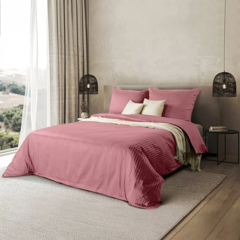 Pościel 160x200 cm komplet 3 częściowy satyna bawełniana kolor pudrowy róż w drobne prążki VERA