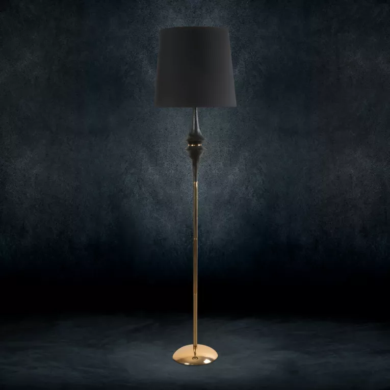 Lampa stojąca do pokoju czarno, złota SUZANA o designerskim kształcie z nowoczesnym abażurem