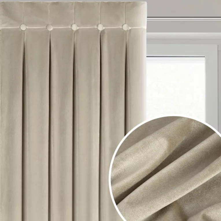 Zasłona beżowa z welwetowej tkaniny zdobiona głębokimi fałdami i guzikami 85x250 cm (wymiar podany na gotowo) szelki - ALITA