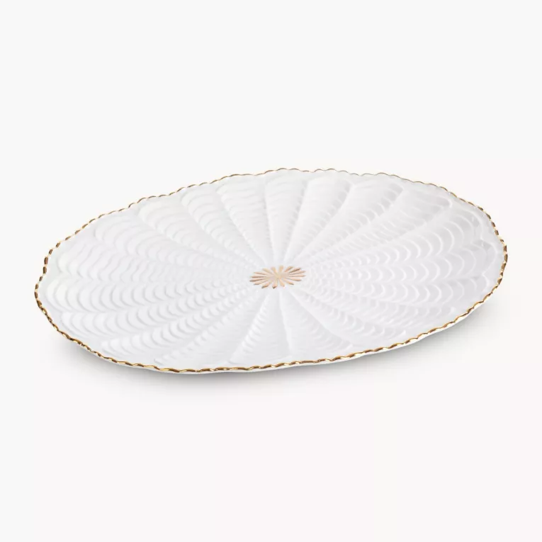 Patera ceramiczna  dekoracyjna kremowo-złota z wypukłym wzorem i złotymi akcentami 36x25x2 cm GAIA