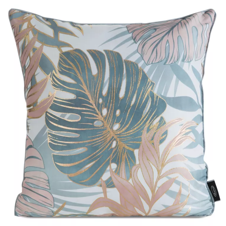 Poszewka na poduszkę 45x45 cm miętowo, złota zdobiona egzotycznym motywem liści KORFU
