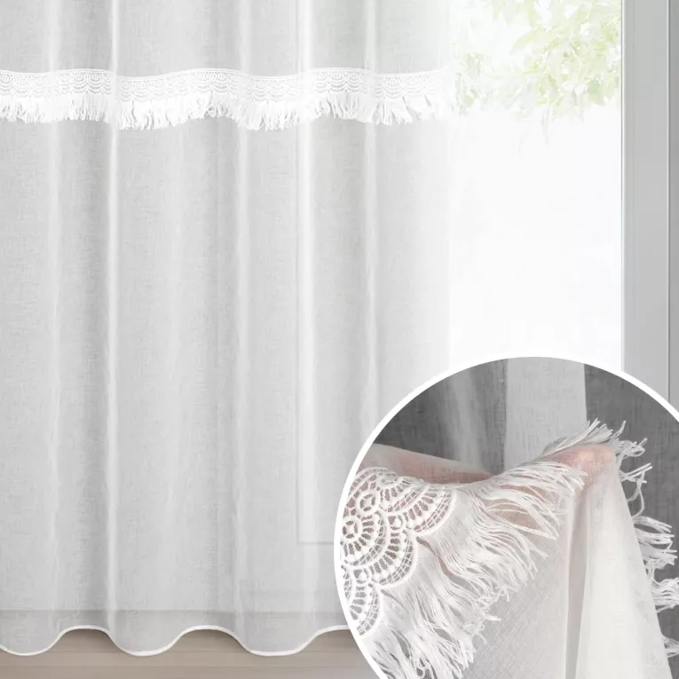 Firana biała z etaminy zdobiona gipiurą z frędzelkami 140x250 cm przelotka ROXANA