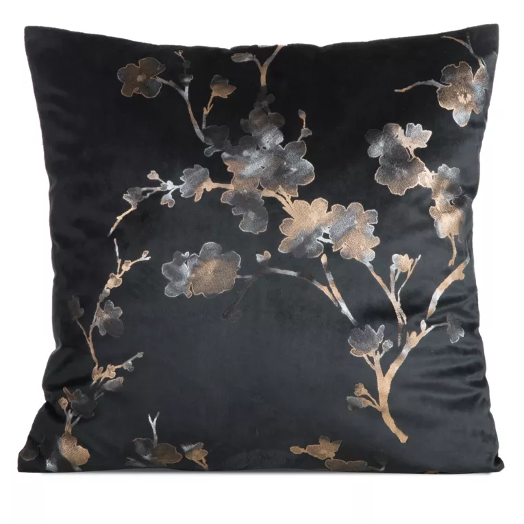 Poszewka na poduszkę 45x45 cm welwetowa czarno, szampańska zdobiona nadrukiem kwiatu jabłoni SELENA