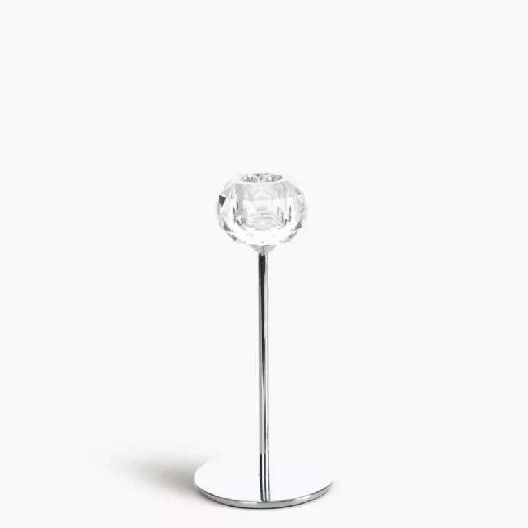 Świecznik dekoracyjny transparentny,srebrny o kryształowej okrągłej formie na smukłej nóżce średnnica 8x19 cm LARA