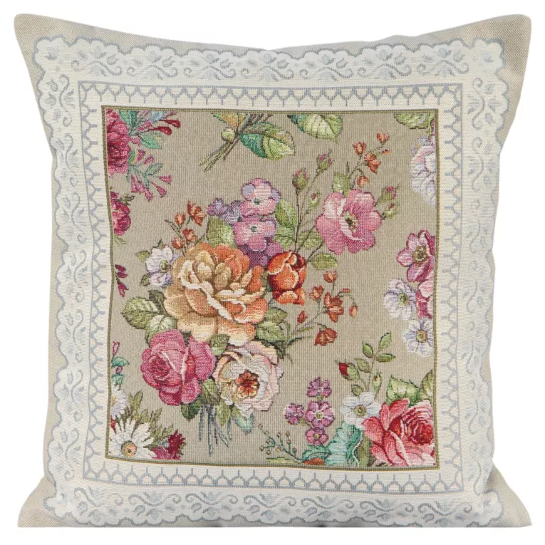 Poszewka na poduszkę 45x45 cm gobelinowa oliwkowo, różowa zdobiona tkanym motywem kwiatowym GOB