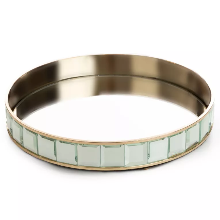 Okrągła taca dekoracyjna TALEA z lustrzanym blatem i metalowym obrzeżem z kryształami w stylu glamour