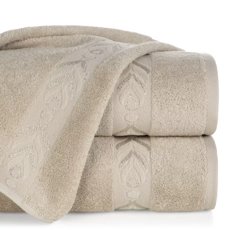 Ręcznik kąpielowy 70x140 cm bawełniany kolor beżowo, złoty zdobiony metaliczna nicią 500 g/m2 KALISTO