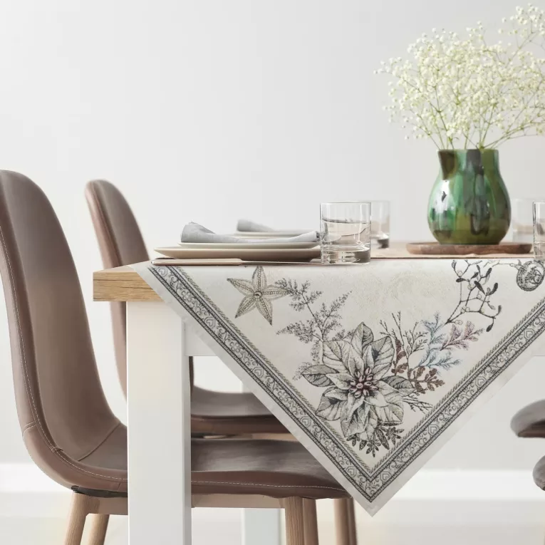 Obrus popielato, srebrny 140x220 cm gobelinowy CANDL zdobiony wzorem świątecznym