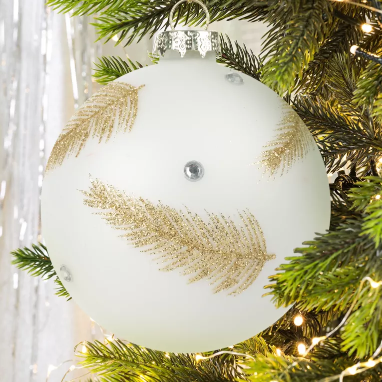 Bombka choinkowa ręcznie zdobiona motywem złotych piór i kryształków