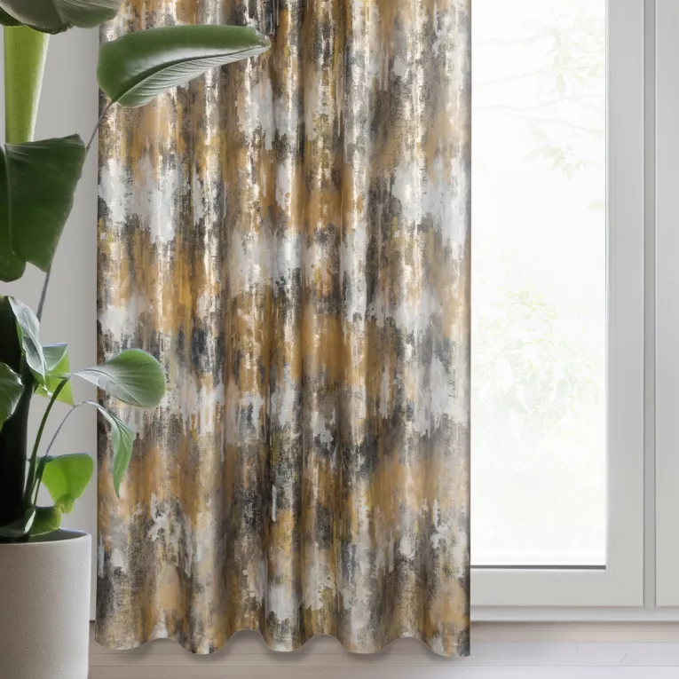 Zasłona musztardowo, srebrna zdobiona metalicznym nadrukiem z welwetu 140x270 cm taśma - TINA