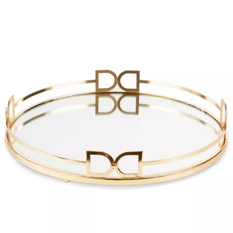 Okrągła taca dekoracyjna ANDORA z lustrzanym blatem i metalowym obrzeżem w stylu art deco, złota